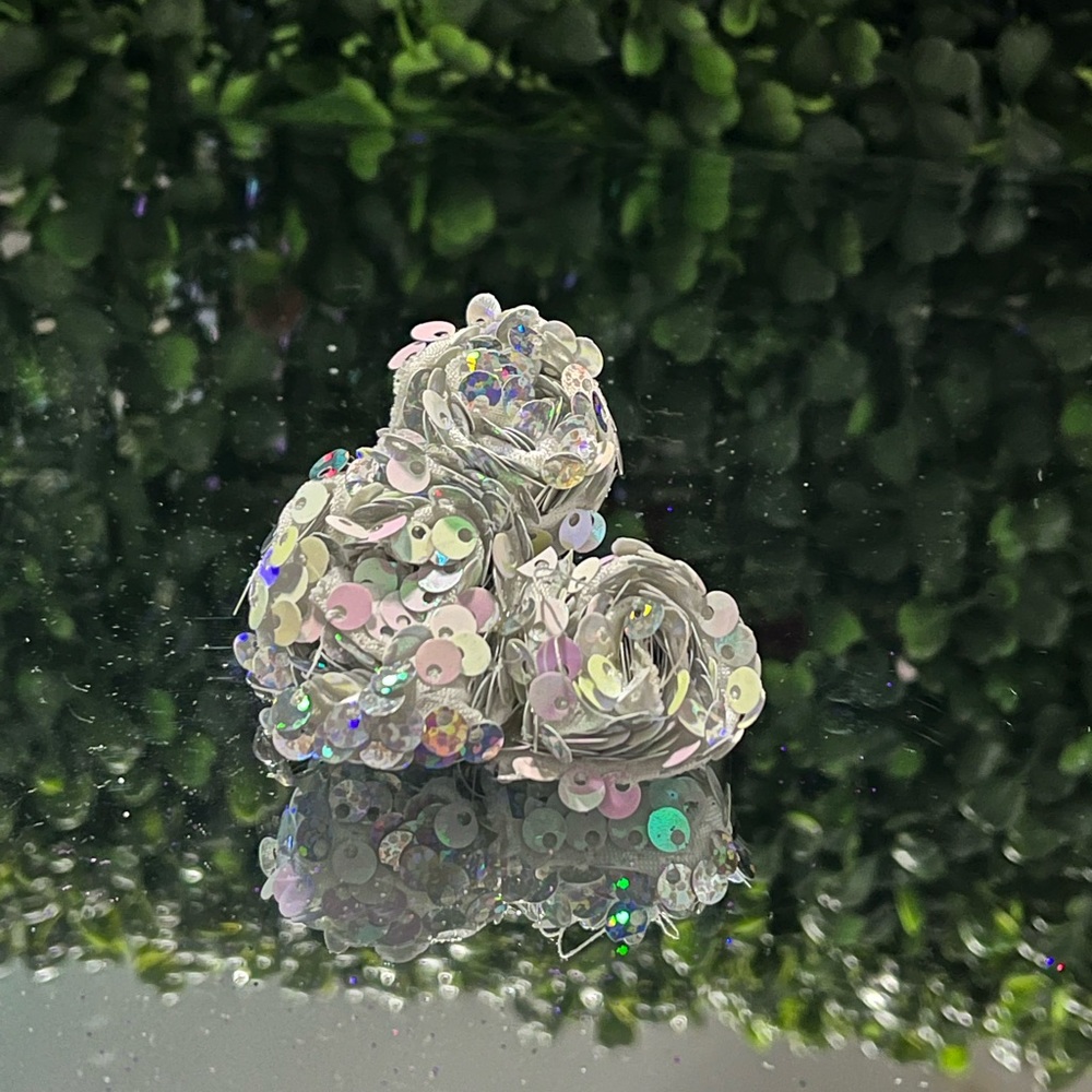 Iridescent white and holographic silver flip sequin rosette mouse brooch